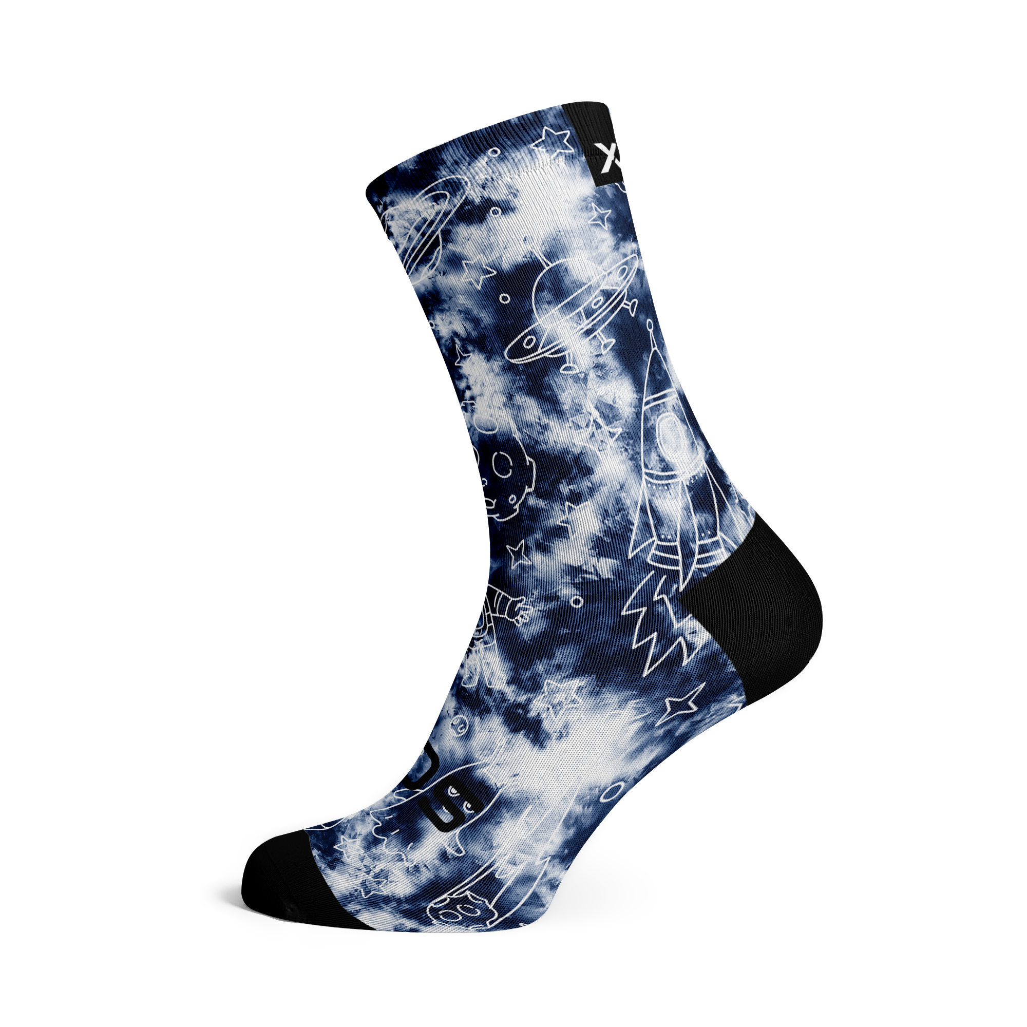 The Sox Footwear galactic design socks have blue and white tie-dye with space doodles. UFO's, rockets, and stars. Such fun!