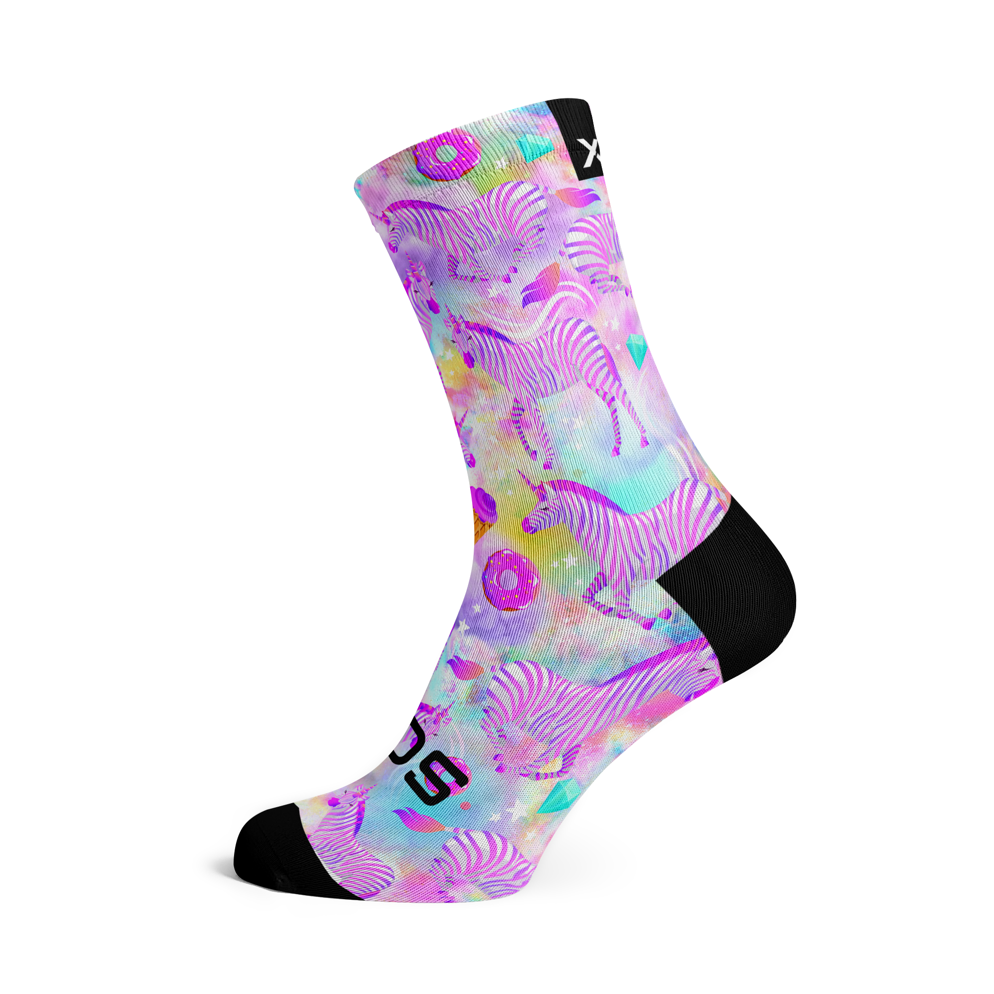 Fun zebra unicorn patterned sock with shades of pastel pink, blue, purple and yellow