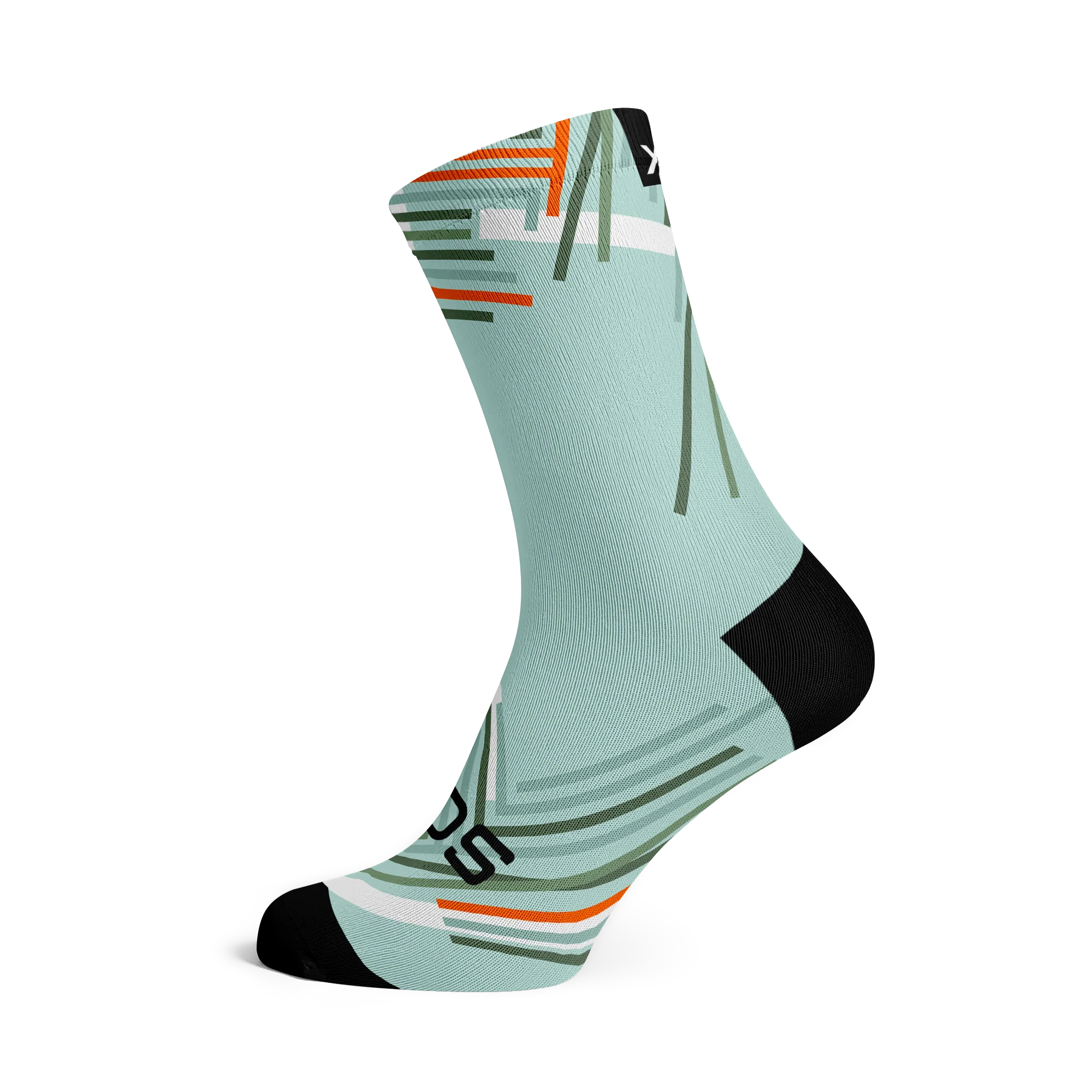 Performance Sky Crew Length Sock. Light blue background with geometric stripes of oranges, shades of green and white strikingly placed on the sock.