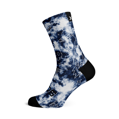 The Sox Footwear galactic design socks have blue and white tie-dye with space doodles. UFO's, rockets, and stars. Such fun!