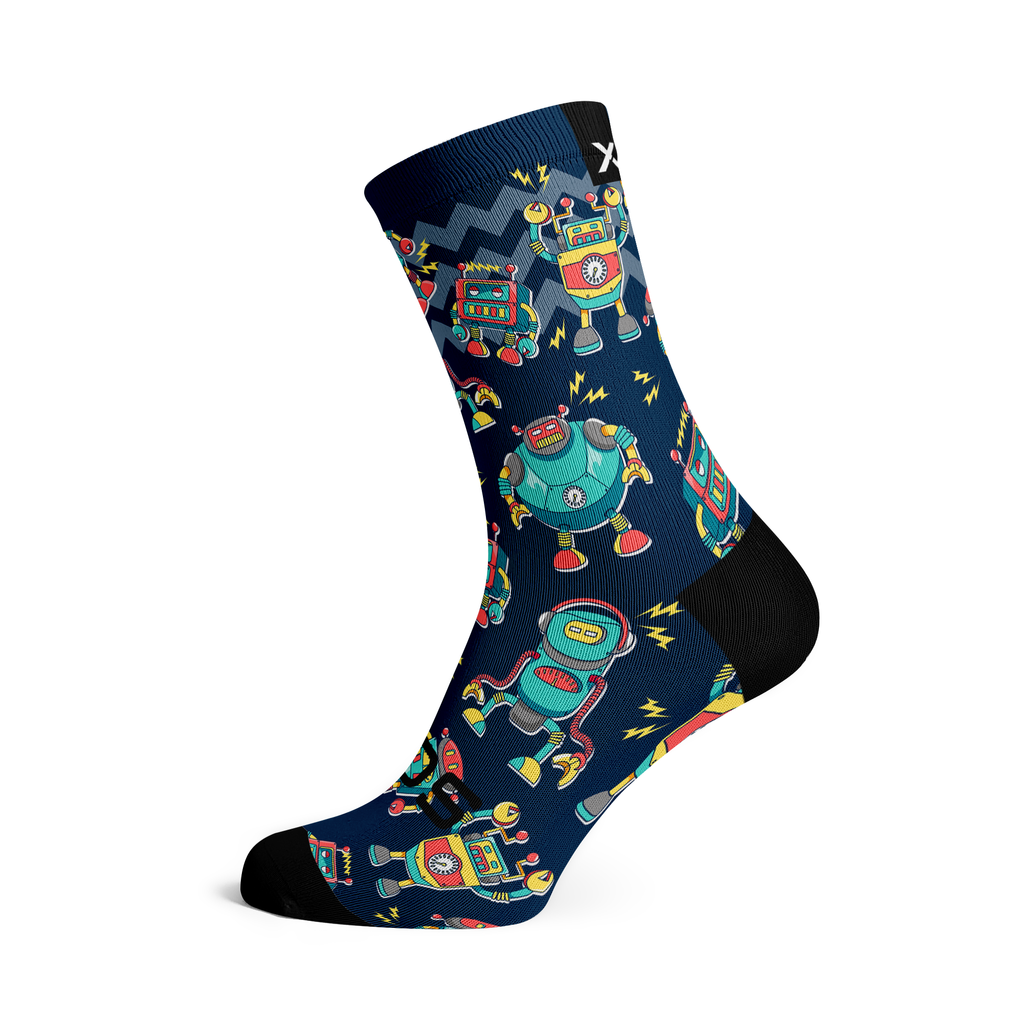 Coolest kids crew length socks with multicoloured robots on a dark blue background.