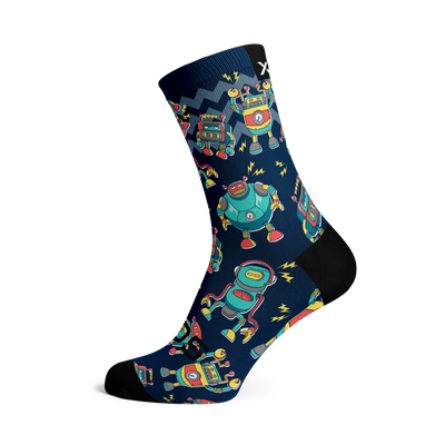 Coolest kids crew length socks with multicoloured robots on a dark blue background.
