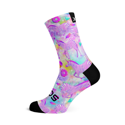 Fun zebra unicorn patterned sock with shades of pastel pink, blue, purple and yellow